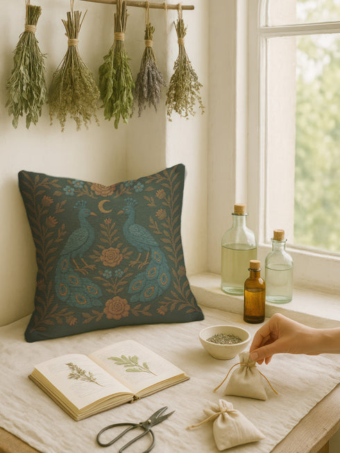 Square woven tapestry pillow featuring two symmetrical embroidered peacocks with a crescent moon and floral detailing on a dark background. The pillow measures 17x18 inches and is crafted from a cotton-polyester blend with plush poly fill. Both sides display the same ornate design. Decorative and gothic in style, suitable for cottagecore, whimsigoth, and folklore-inspired home decor settings.